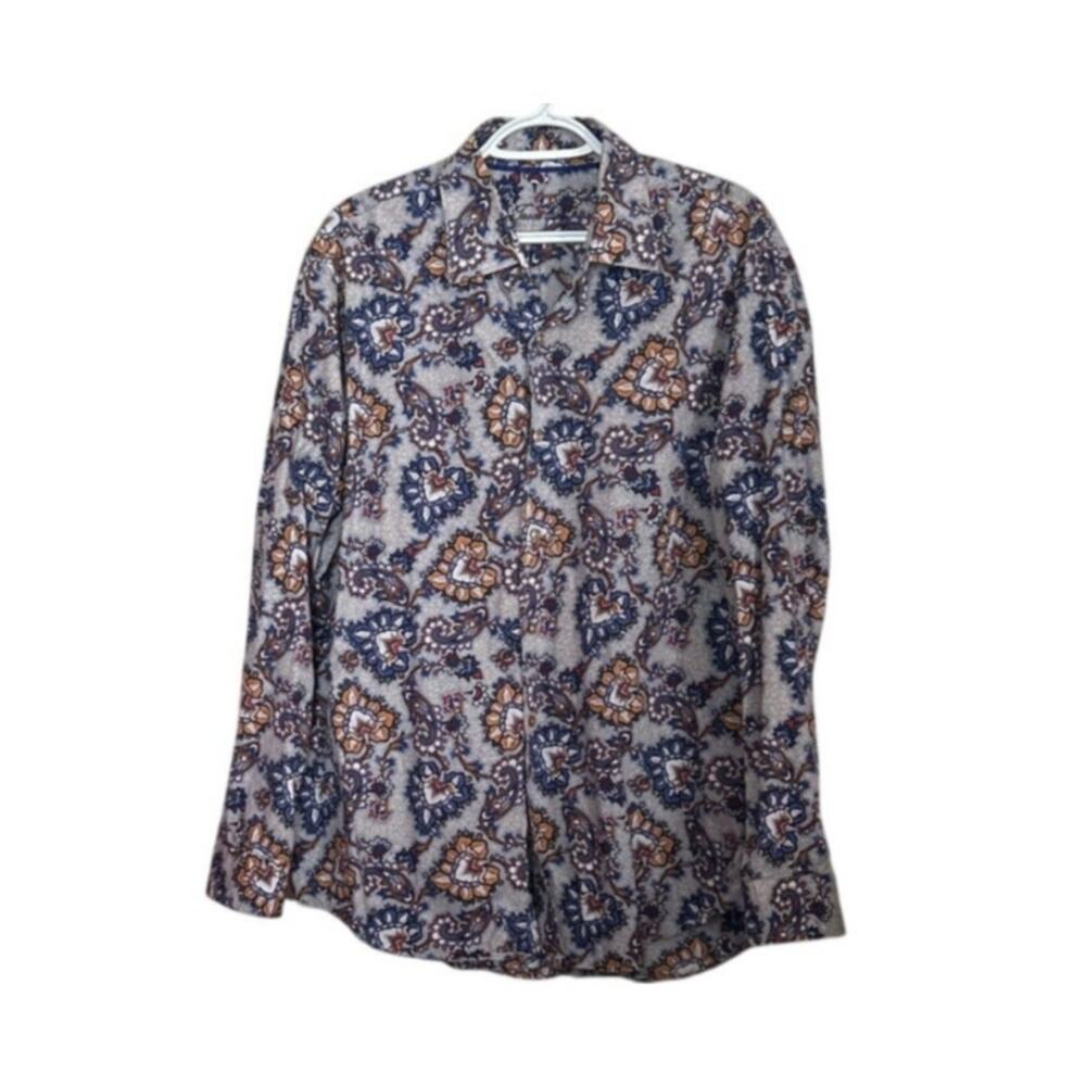 Men’s Paisley Blue Brown White Long Sleeve Button Front Shirt Size XL 17-17 1/2